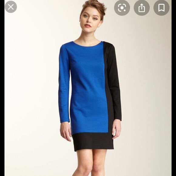 Trina Turk Cubanist Colorblock Blue Black Dress Long Sleeve Career Knee - Picture 1 of 6
